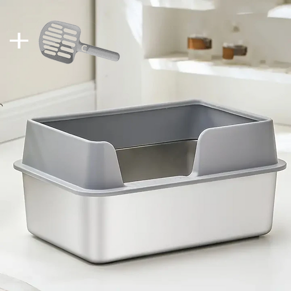 Bac à litière Acier Inoxydable XXL Anti-Éclaboussure (Inclus Pelle de Nettoyage)